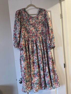 Reitmans Floral Smocked Dress in Pink, Green and Cream with Puff Sleeves